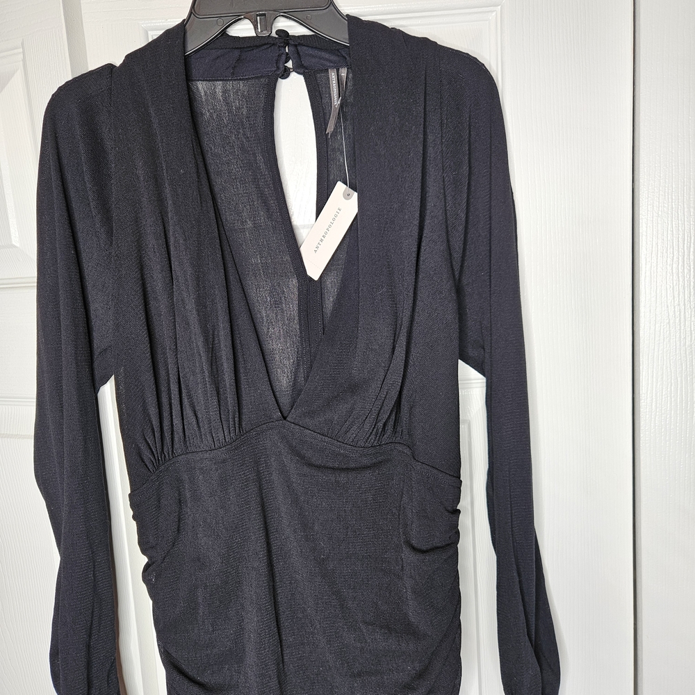NWT Anthropologie Black Vneck Ruched Midi Mesh Dress Size L - Picture 5 of 11